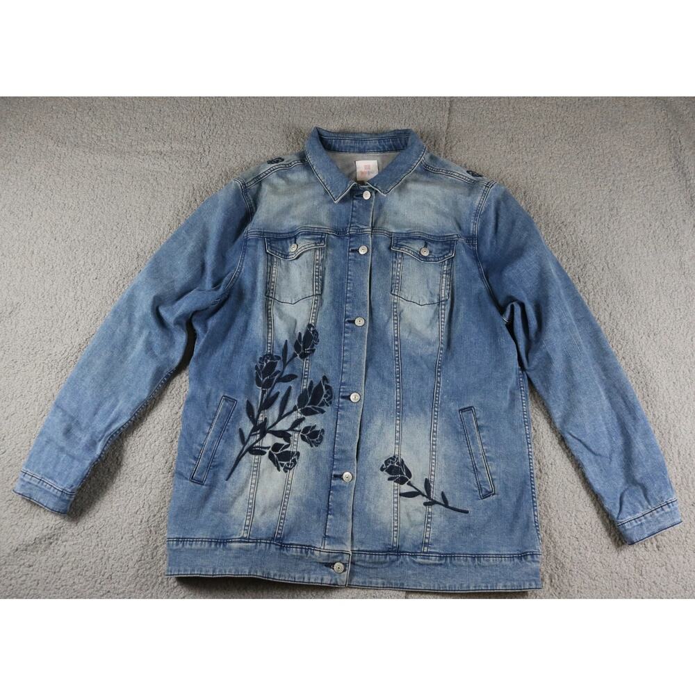 Luluroe Jacket 3XL Denim Floral Embroidered Jaxon Long Jean Jacket Boho